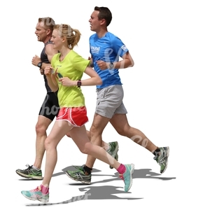 two men and a woman running