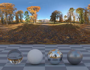 HDRI panorama of a park in autumn with golden fallen leaves