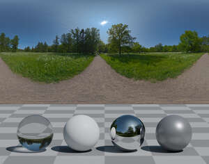 HDRI panorama at the gravel road in the meadow