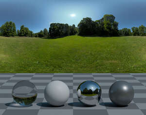 HDRI panorama of a park with large green grass area