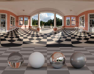 HDRI panorama of a balcony of a mansion overlooking a park