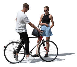 cut out man with a bike meeting a girl
