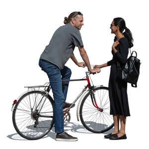 cut out man with a bike talking to a woman