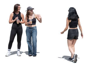 two cut out women standing and greeting an arriving woman