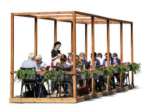 cut out street cafe with many people sitting and a waitress taking orders