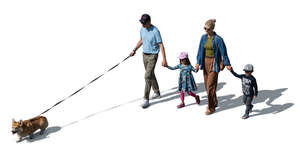 top view of a family with kids and a dog walking