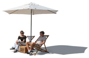 man and woman sitting under a parasol and talking