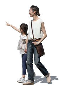 cut out japanese woman walking with her daughter