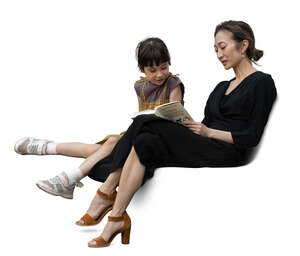 cut out asian woman and child reading a book together