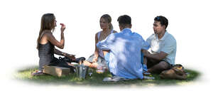 cut out group of young people sitting in the park on the grass in the tree shade