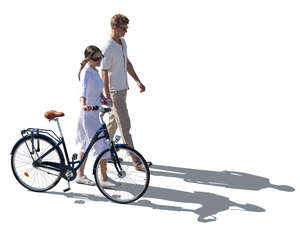 top view of two people with bicycle walking hand in hand