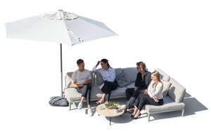 top view of a group of friends sitting in on the sofa with parasol