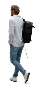 cut out man in a white shirt and a backpack walking