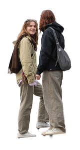 two women meeting on the stairs and talking