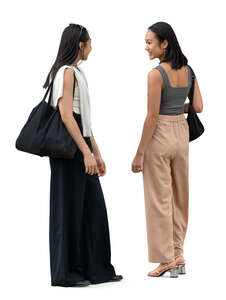 two cut out asian women standing and talking