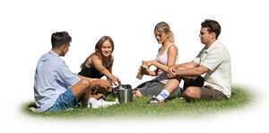 cut out group of young people sitting on the grass and having a picnic