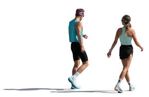 two cut out sporty people walking outside