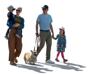 cut out backlit family with kids and a dog walking