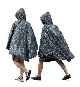 two people with grey raincoats walking in the rain