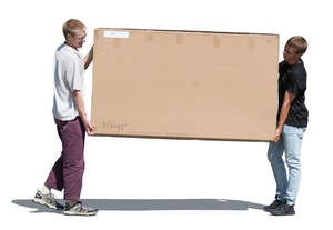 two cut out men carrying a large and heavy box