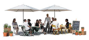 street cafe scene with parasols and people sitting and talking