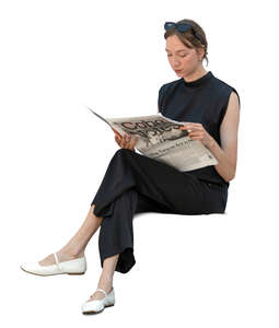 cut out woman in black sitting and reading a newspaper