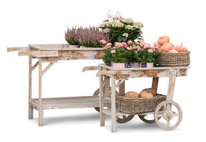 cut out decorative plant stand with flower pots and vegetable baskets