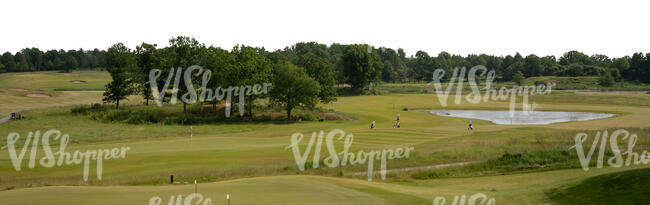 cut out landscape with green fields and a pond