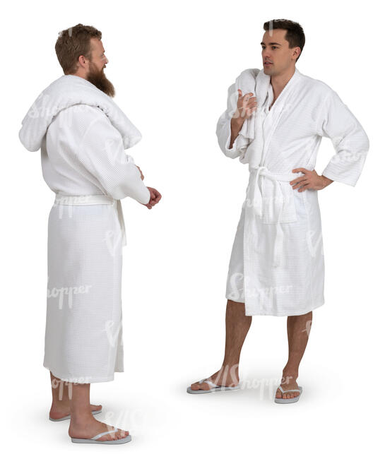 two men in spa bathrobes standing and talking