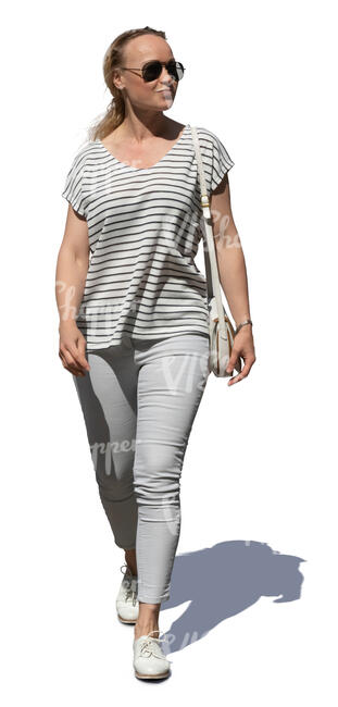 woman with long blond hair walking