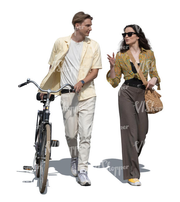 cut out man with a bike talking to a woman walking beside him