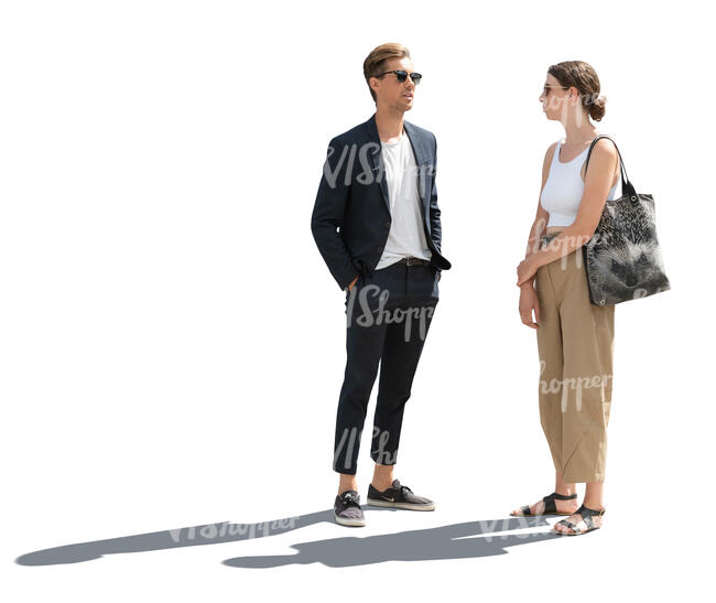 cut out backlit man and woman standing and talking