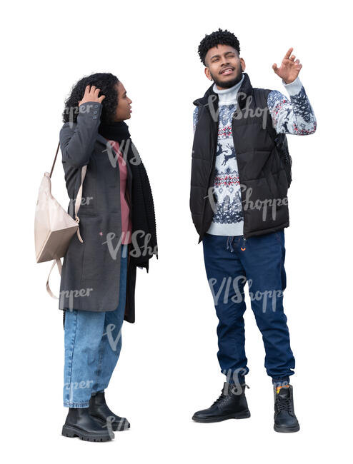 man and woman standing and pointing at smth