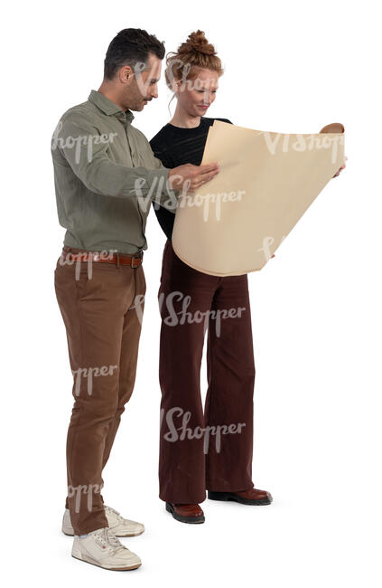 man and woman standing and looking at drawings