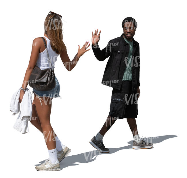 two cut out black people meeting in the street