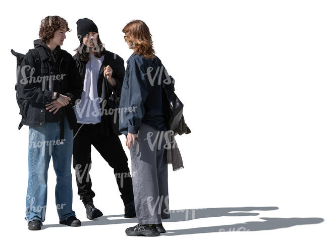group of three young people standing and talking
