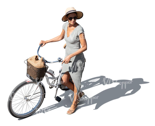 cut out woman with a white bicycle walking seen from above
