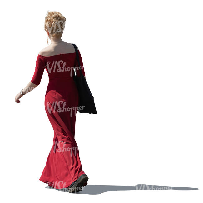 cut out woman in a red dress walking