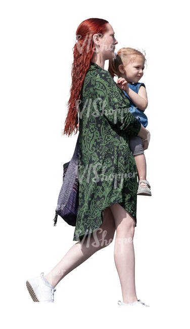cut out woman carrying a child walking seen from below angle