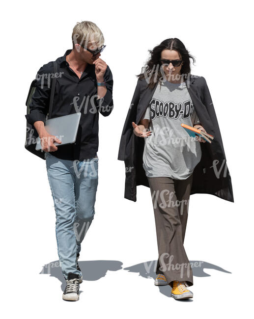 two cut out college students walking and talking