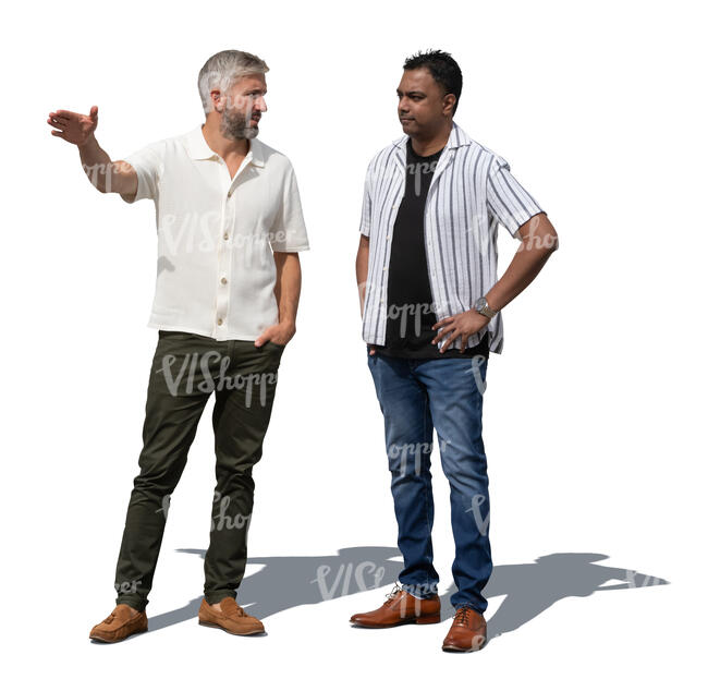 two men standing and talking and pointing at smth