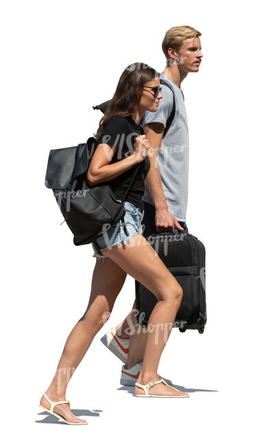 travelling couple walking up the stairs