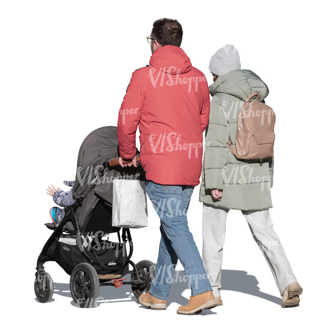 cut out family with a baby in a stroller walking in autumn