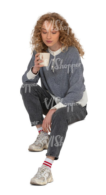 cut out woman sitting on the stairs and drinking coffee