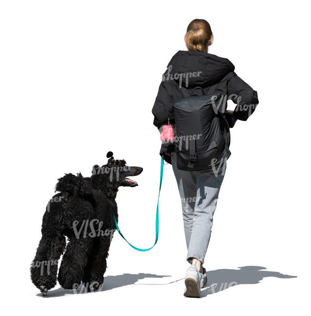 cut out woman with a black hairy dog walking