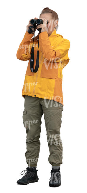 cut out woman hiking and looking around with binoculars