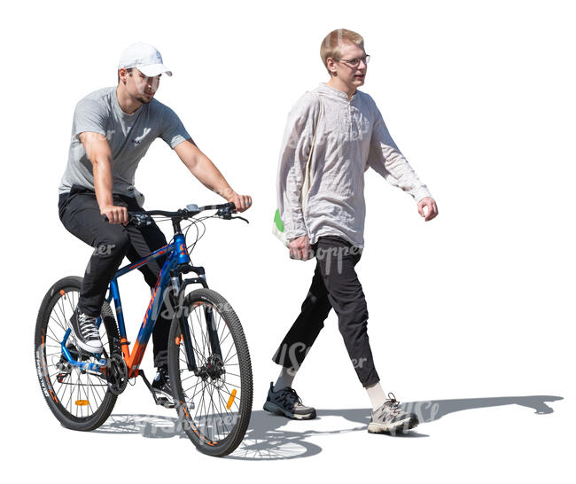 cut out man walking and a friend riding a bike next to him