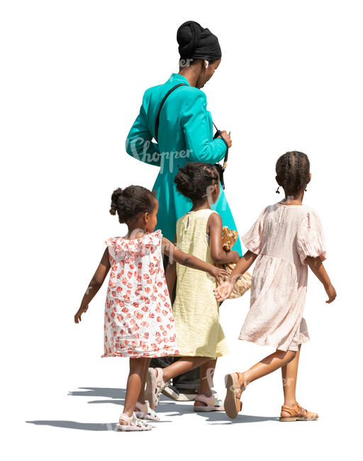 cut out black woman with three girls walking