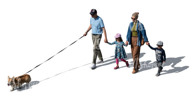 top view of a family with kids and a dog walking