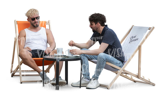 two men sitting in a casual cafe drinking coffee